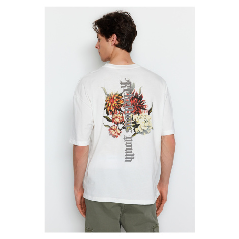 Trendyol Ecru pánske oversize/široký strih kvetinová potlač tričko zo 100% bavlny