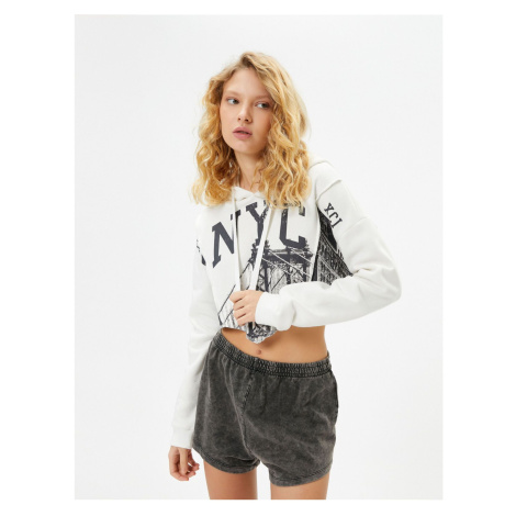 Koton Crop Hooded Sweatshirt Slim Fit Asymmetric Cut Printed