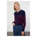 Trendyol Navy Blue Polo Neck Striped Knitwear Cardigan