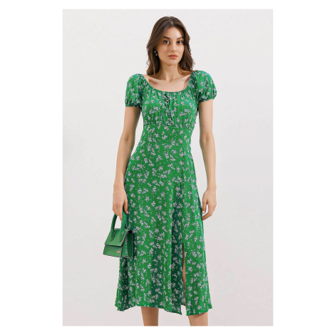 Bigdart 2427 Slit Floral Viscose Dress - Green