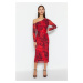 Trendyol Red Patterned Lined Fitted Asymmetrical Collar Flexible Knitted Midi Pencil Dress