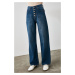 Trendyol Blue Front Button High Waist Wide Leg Jeans Navy