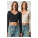 Happiness İstanbul Women's Black Cream V-Neck 2-Pack Crop Knitted Blouse