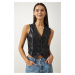 Happiness İstanbul Women's Black V-Neck Faux Leather Vest
