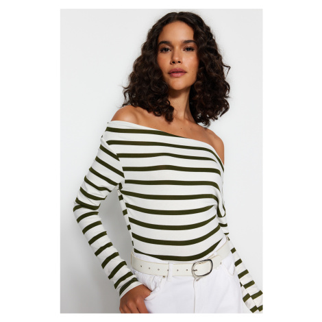Trendyol Khaki White Striped Premium Soft Fabric Fitted Boat Neck Flexible Knitted Blouse
