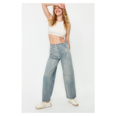 Trendyol Blue Stitch Detail Belt Buckle on Back High Waist Barrel Jeans