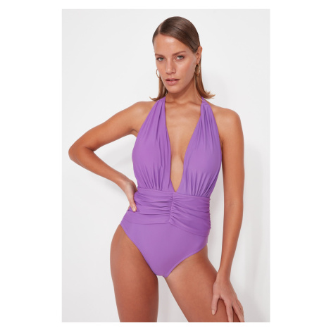 Trendyol Purple plisované pravidelné plavky s hlbokým výstrihom