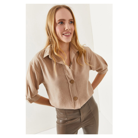 Olalook Women's Stone Wood Buttoned Three Quarter Sleeve Linen Shirt