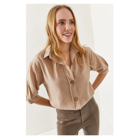 Olalook Women's Three Quarter Quarter Sleeve Linen Shirt with Stone and Wood Buttons