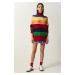 Happiness İstanbul Women's Red Block Color Striped Oversize Knitwear Sweater