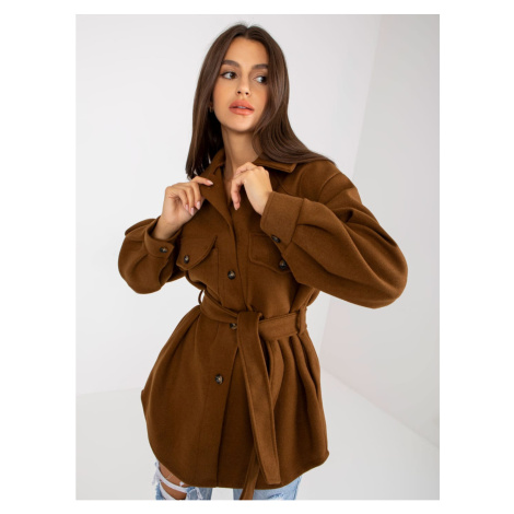 Brown women's coat with pockets and tie