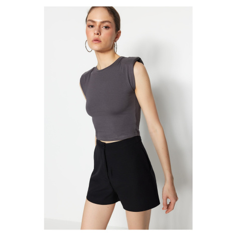 Trendyol Anthracite Padded Fitted/Situated Crew Neck Crop Flexible Knitted Blouse