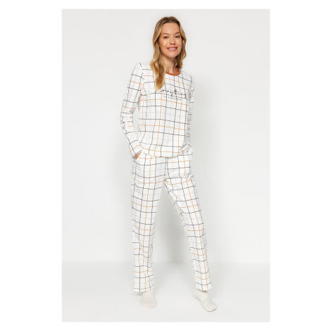 Trendyol White 100% Cotton Plaid Tshirt-Pants Knitted Pajama Set