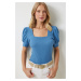 Happiness İstanbul Women's Indigo Blue Square Collar Balloon Sleeve Knitted Blouse