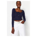 Trendyol Navy Blue Button Detailed Square Neck Fitted Flexible Crop Knitted Blouse