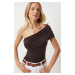 Happiness İstanbul Women's Brown One-Shoulder Gathered Knitted Blouse