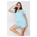 Trendyol Blue Cotton Teddy Bear Embroidered Shirt-Shorts Knitted Pajamas Set