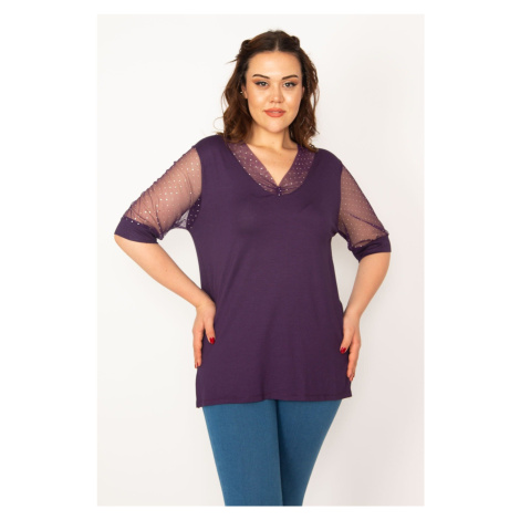 Şans Women's Plus Size Blouse with Plum Sleeves and Collar Tulle And Stone Detailed