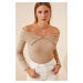 Happiness İstanbul Women's Cream Carmen Collar Ribbed Knitted Blouse