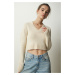 Happiness İstanbul Women's Cream V-Neck Crop Knitwear Sweater