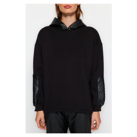 Trendyol Black Fleece Inner Quilted Oversize/Wide-Fit Hooded Knitted Sweatshirt