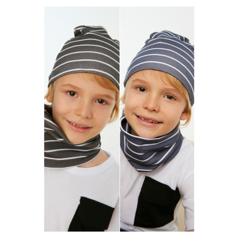 Trendyol Black-Navy Blue Striped Boy Knitted Beanie Neck Collar Set