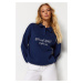 Trendyol Navy Blue Shirt Collar with Embroidery Regular Fit Knitted Sweatshirt with Fleece Insid