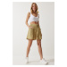 Happiness İstanbul Women's Beige Belted City Length Woven Shorts