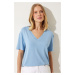 Happiness İstanbul Women's Sky Blue V-Neck Basic Viscose Knitted T-Shirt