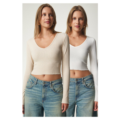 Happiness İstanbul Women's Cream White V-Neck 2-Pack Crop Knitted Blouse