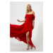 Lafaba Women's Red Long Evening Dress with Thread Straps and Stone Detail.