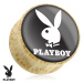 Sedlový plug do ucha z prírodného dreva, zajačik Playboy, čierny podklad - Hrúbka: 8 mm