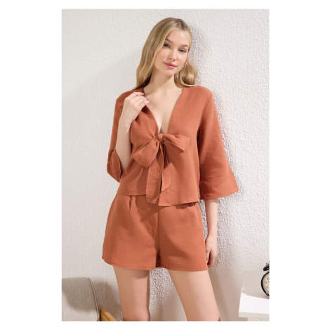 Trendyol Cinnamon 100% Cotton Tie/Ribbon/Bow Detailed Woven Pajama Set with Muslin Shorts