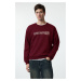 Trendyol Claret Red Oversize/Wide Cut Text Printed Crew Neck Inside Polar Fleece Sweatshirt