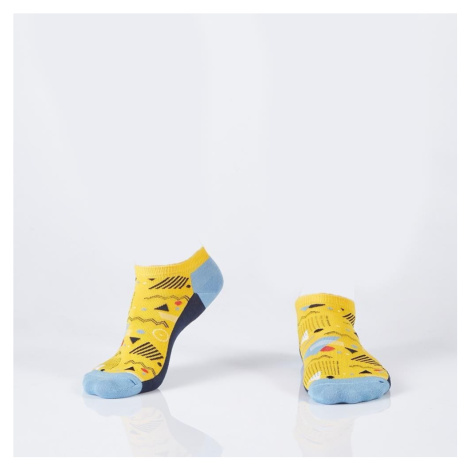 Navy blue and yellow women's short socks with geometric patterns FASARDI