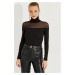 Cool & Sexy Women's Black Tulle Detailed Turtleneck Blouse