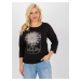 Women's black blouse plus size with inscription and rhinestones