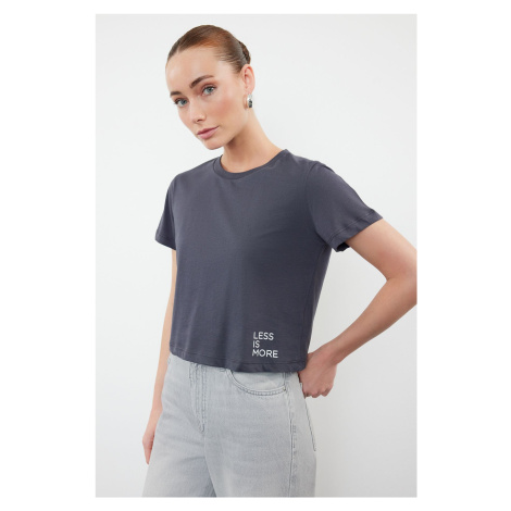 Trendyol Anthracite 100% Cotton Slogan Printed Crop Crew Neck Knitted T-Shirt