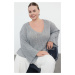 Trendyol Curve Gray V-Neck Ribbed Knitwear Sweater