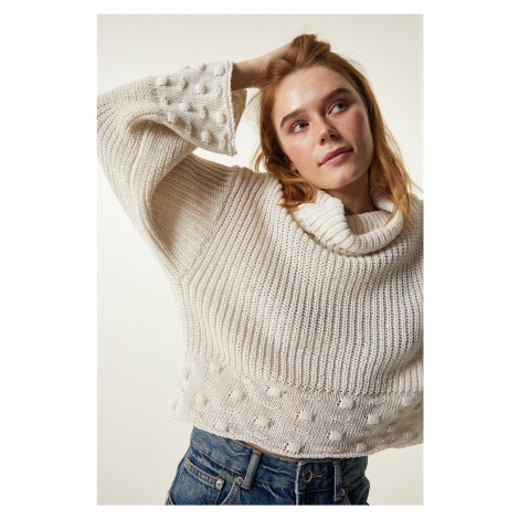 Happiness İstanbul Women's Cream Turtleneck Textured Seasonal Knitwear Sweater