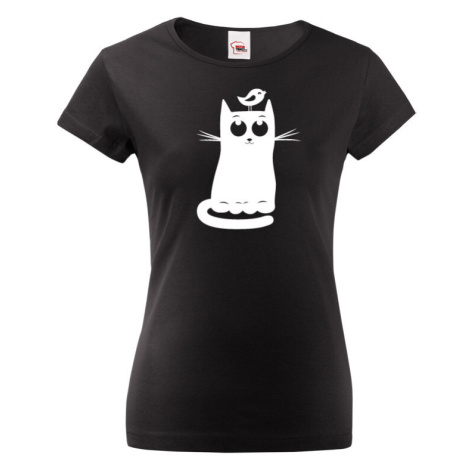 Dámske tričko s mačkou  a vtáčikom - štýlový darček pre milovníkov mačiek
