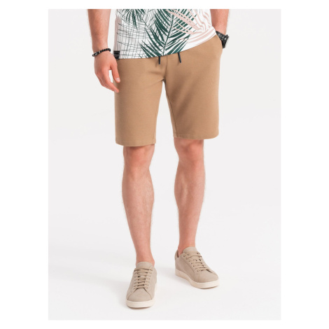 Ombre Men's knitted shorts with decorative elastic waistband - light brown