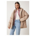 Happiness İstanbul Women's Beige Hooded Oversized Puffer Coat