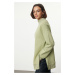 Trendyol Mint Oversize / Wide Fit Zippered Stand Collar Thick Inside Fleece Knitted Sweatshirt