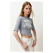 Trendyol Gray 100% Cotton Slogan Printed Sewing Detailed Asymmetric Crop Knitted T-Shirt