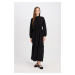 DEFACTO Shirt Collar Basic Plain Buttoned Waist Gathered Long Sleeve Maxi Black Dress