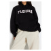 Trendyol Black Thick Fleece City Printed Oversize Hooded Knitted Sweatshirt