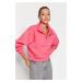 Trendyol Pink Relaxed Cut Crop Basic Zippered Stand Collar Thick Inside Fleece Knitted Sweatshir