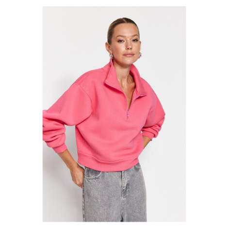 Trendyol Pink Relaxed Cut Crop Basic Zippered Stand Collar Thick Inside Fleece Knitted Sweatshir