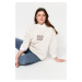 Trendyol Curve Ecru Thick Inside Fleece Embroidery Detailed Knitted Sweatshirt